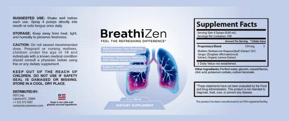 Breathizen Supplement Facts panel showing 154 mg proprietary blend